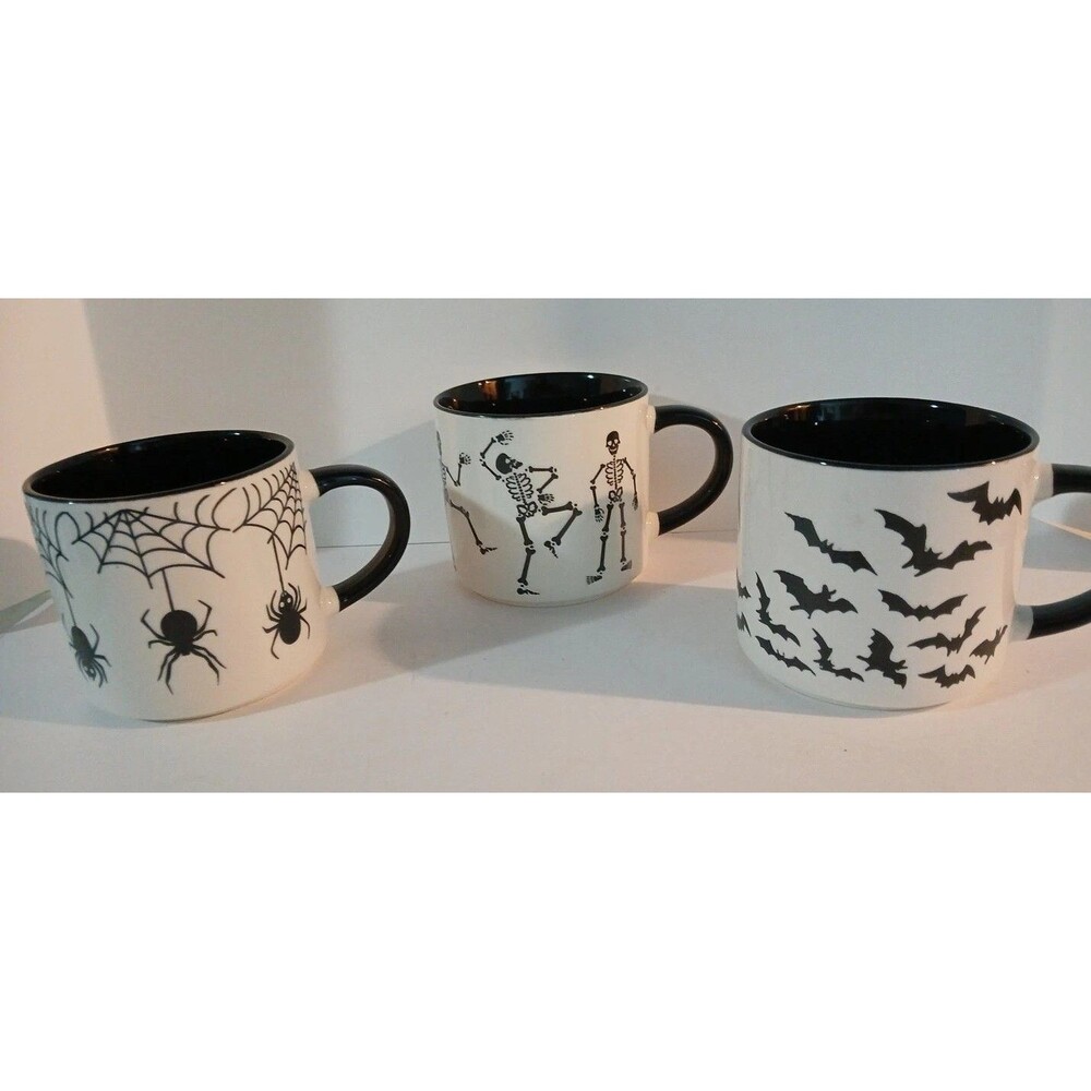 3 Halloween Skelton Mug/ Dancing Skeltons, Spiders,& Bats, Black White 16 Oz New